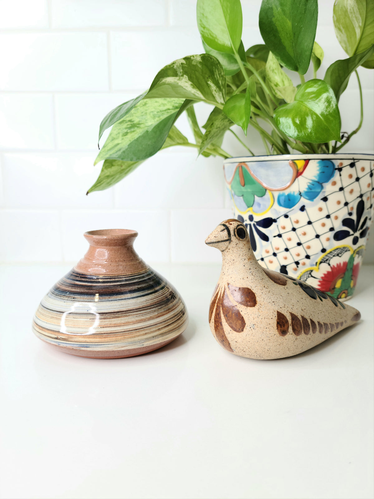 Mexican Tonala Bird and Earthenware Vase Combo