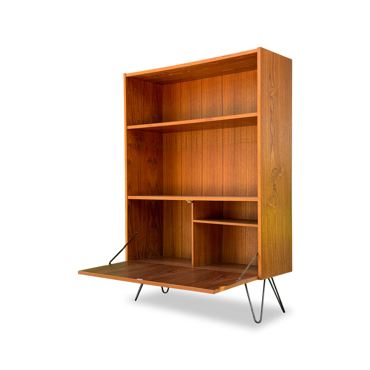 Teak Bookcase with Drop Down Bar
