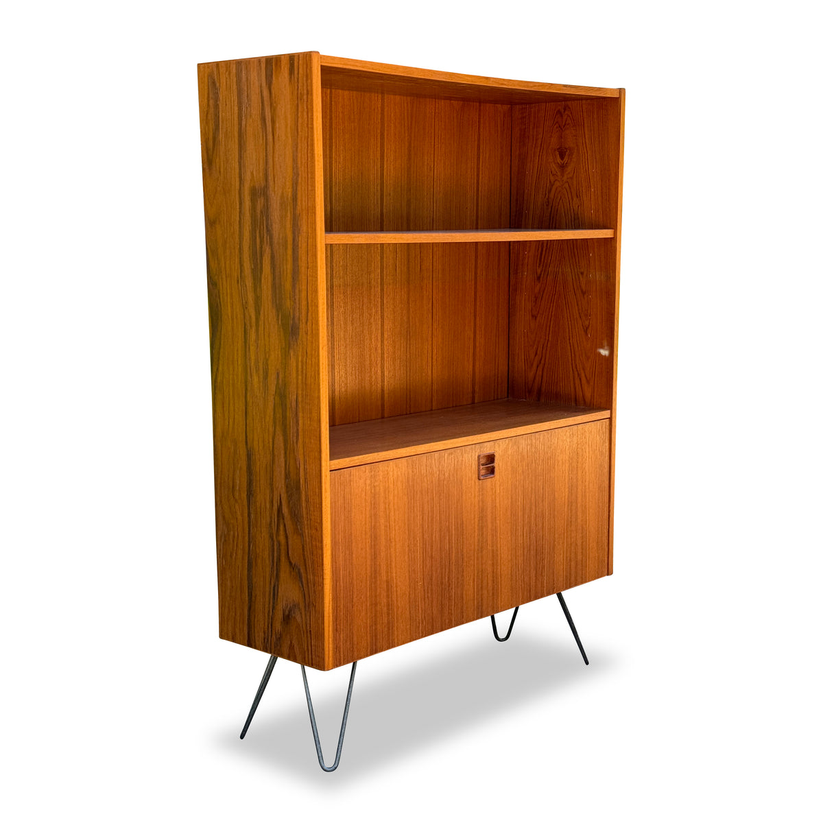 Teak Bookcase with Drop Down Bar