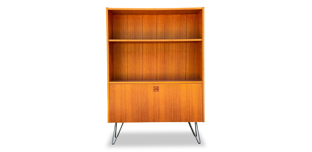 Teak Bookcase with Drop Down Bar