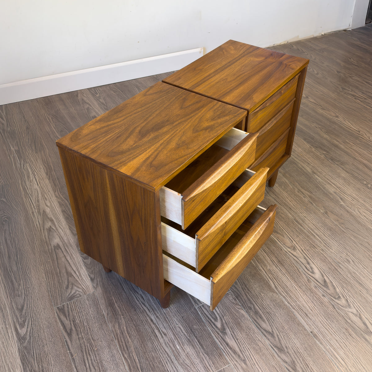 Walnut Three Drawer Nightstands