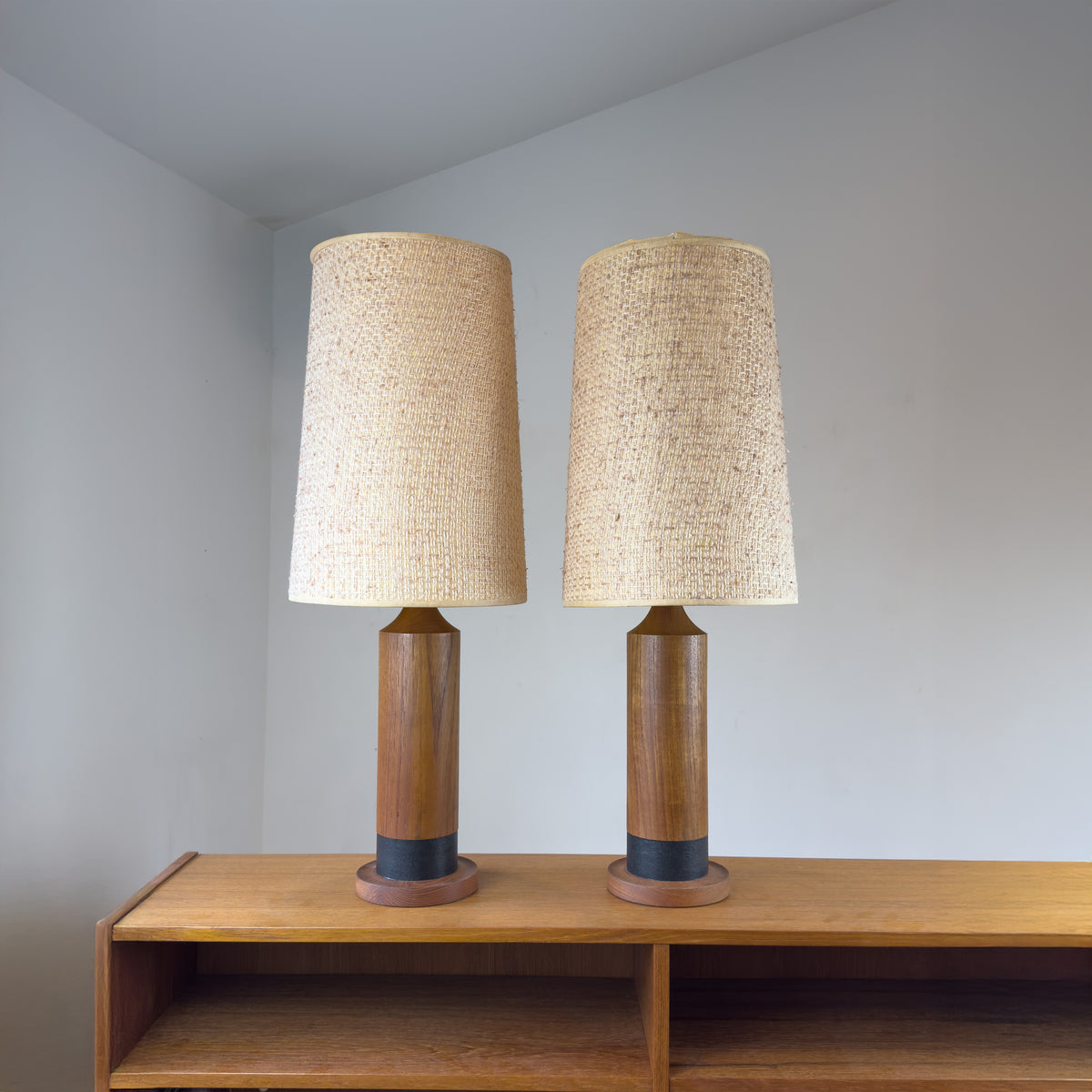 Pair of Teak and Leatherette Lamps