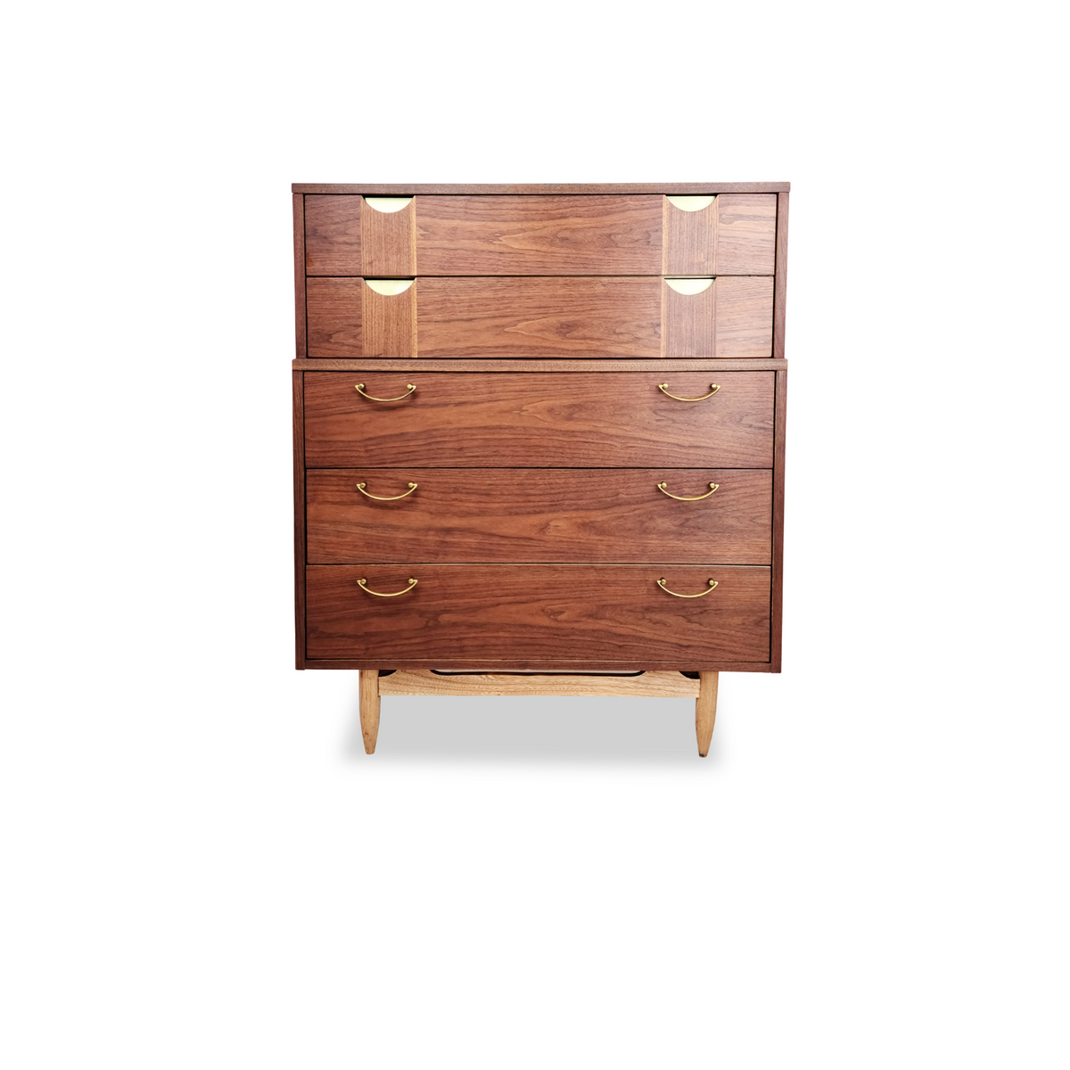 Vintage Walnut and Brass Highboy Dresser