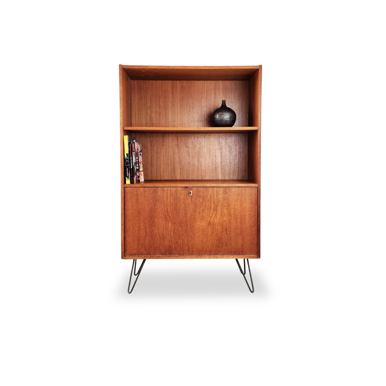 Teak Bookcase with Drop Down Bar