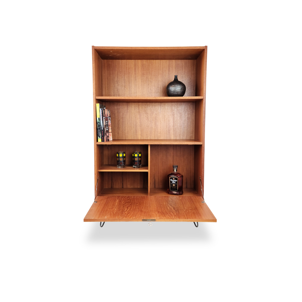 Teak Bookcase with Drop Down Bar