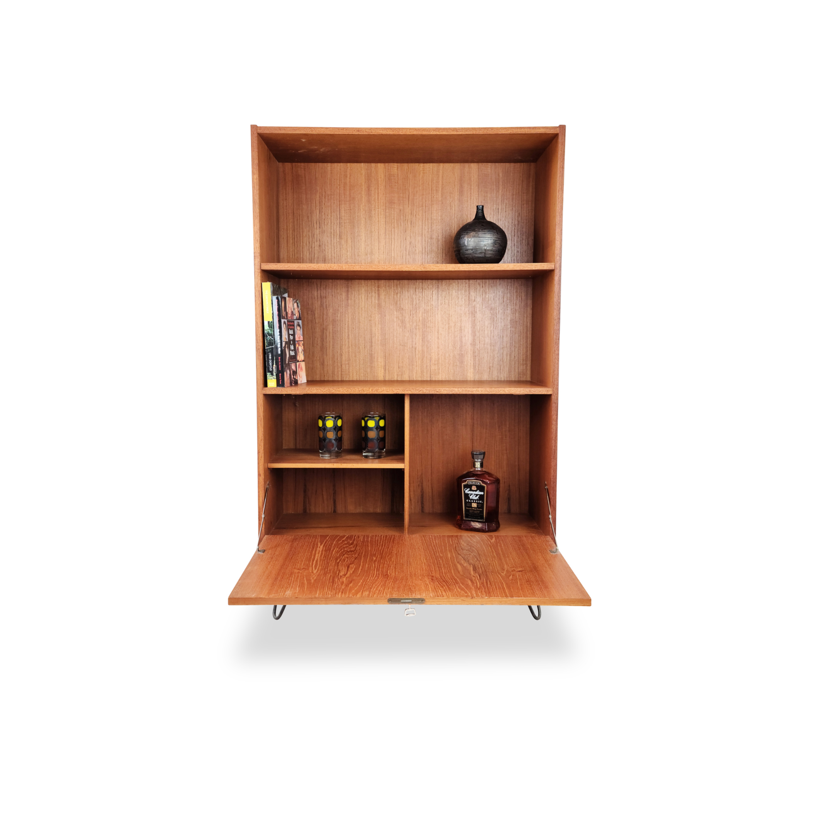 Teak Bookcase with Drop Down Bar