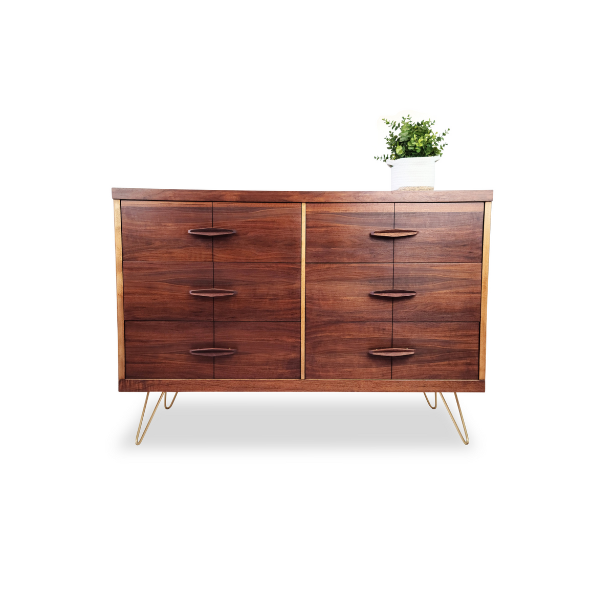 Walnut and Brass Six Drawer Dresser