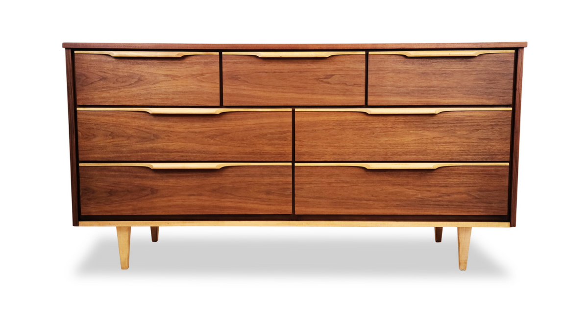 Walnut and Birch Seven Drawer Dresser