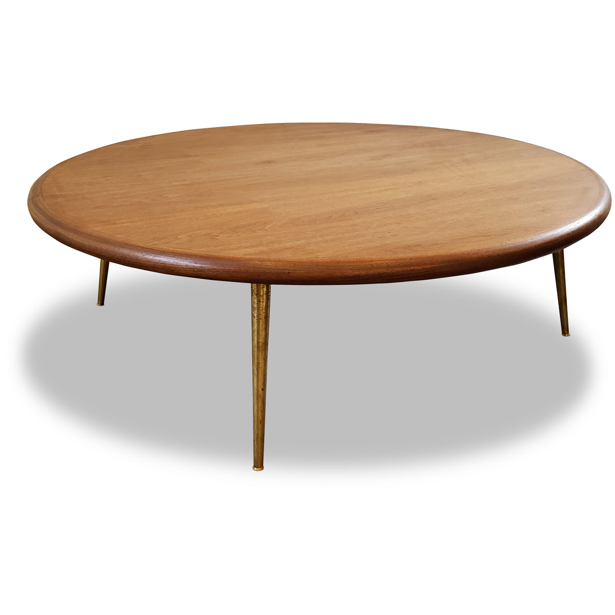 Vintage Round Walnut Coffee Table with Brass Legs