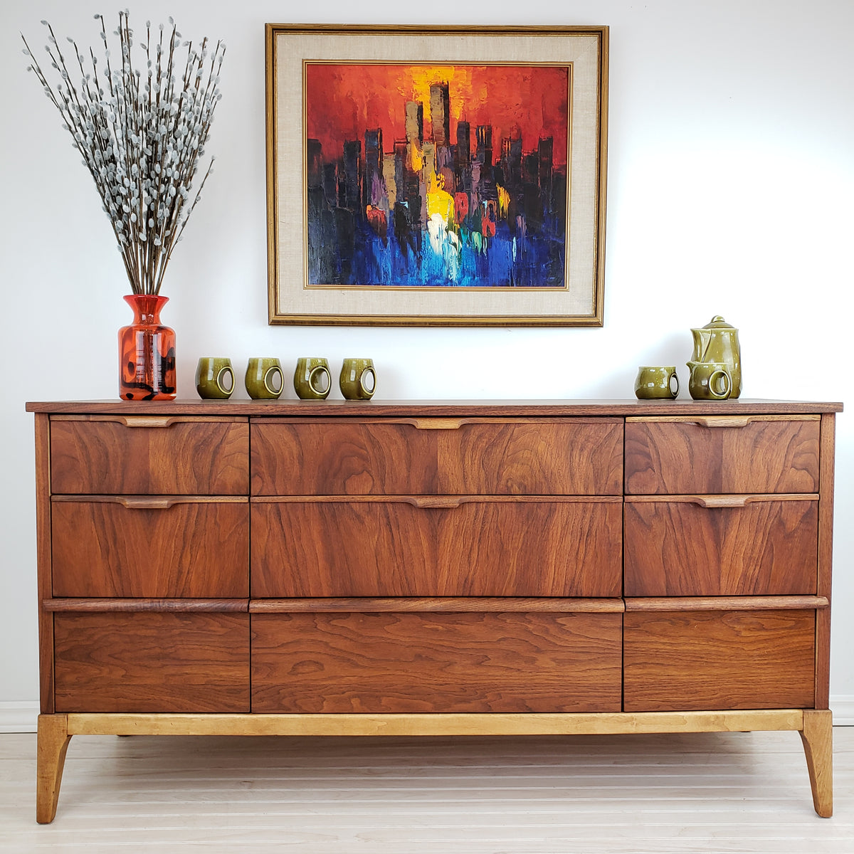 mid century Walnut Nine Drawer Dresser by Kaufman Furniture