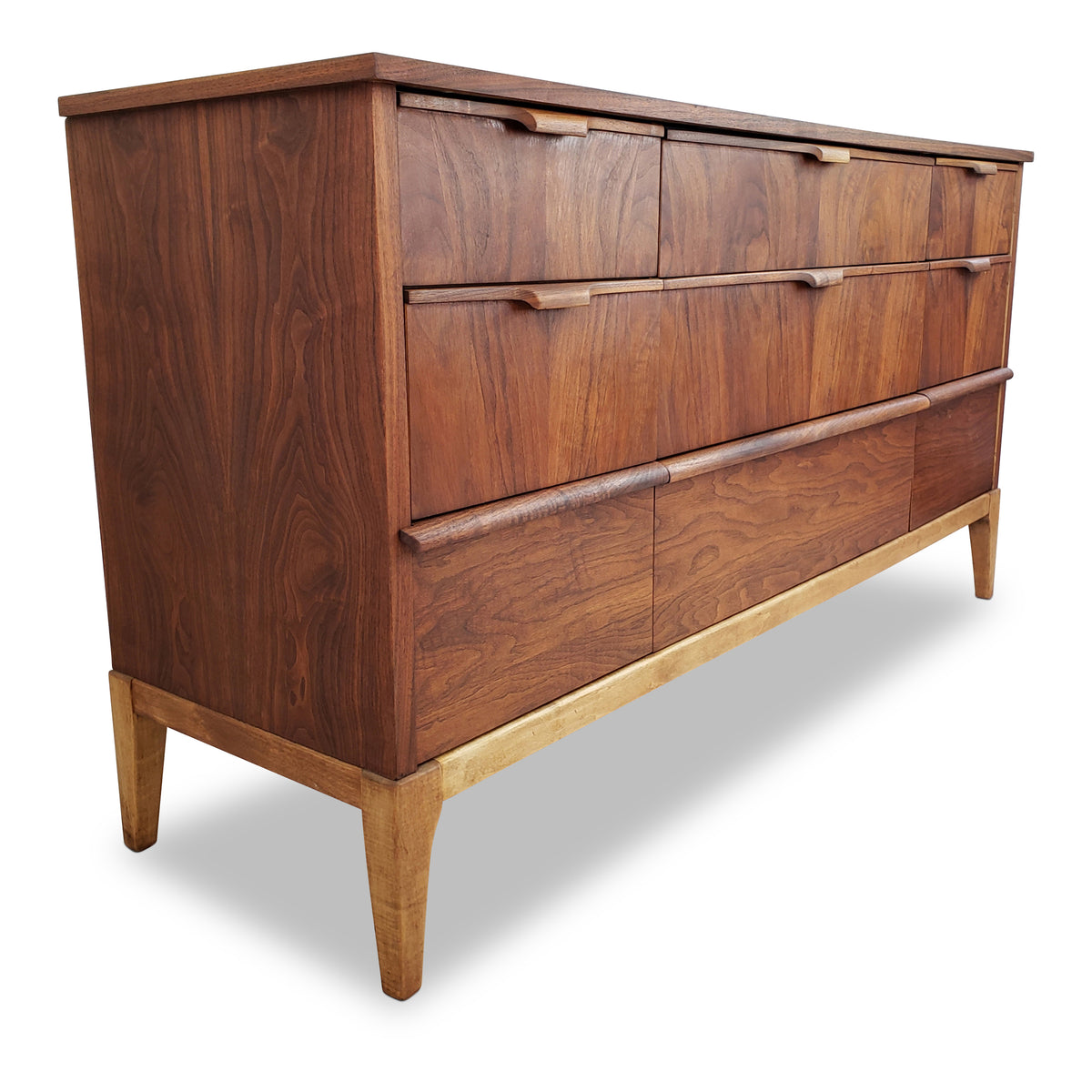 mid century Walnut Nine Drawer Dresser by Kaufman Furniture