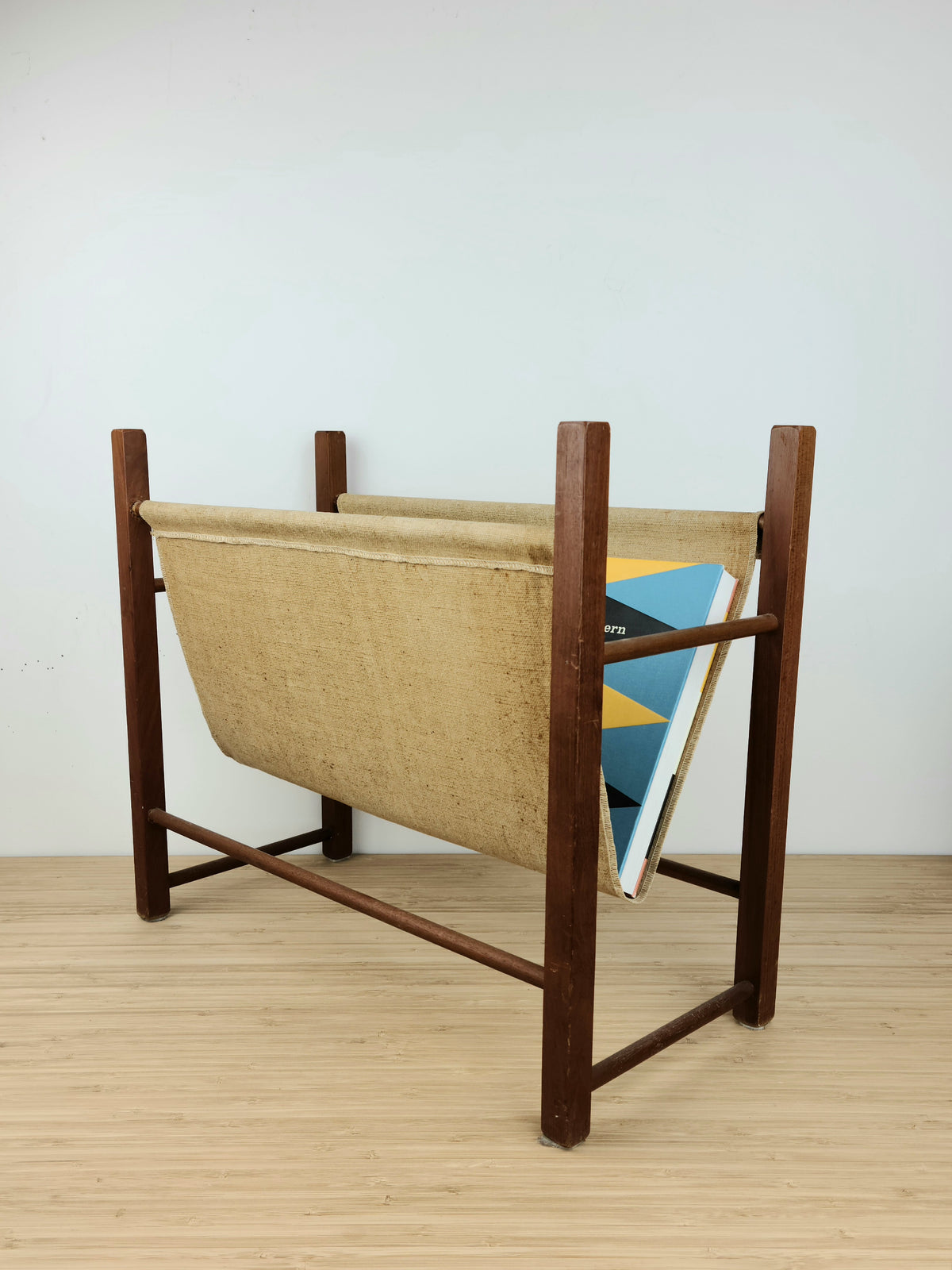 Vintage Teak and Burlap Stand