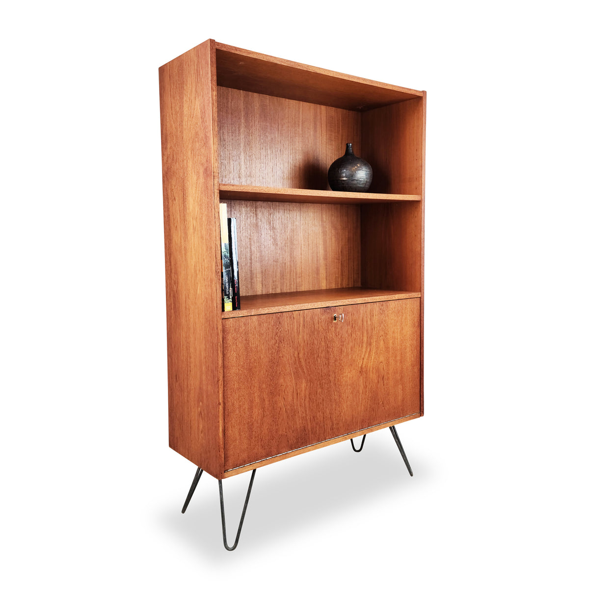 Teak Bookcase with Drop Down Bar