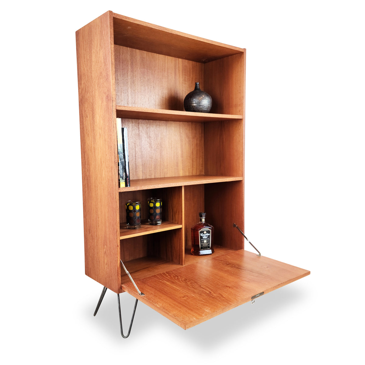 Teak Bookcase with Drop Down Bar