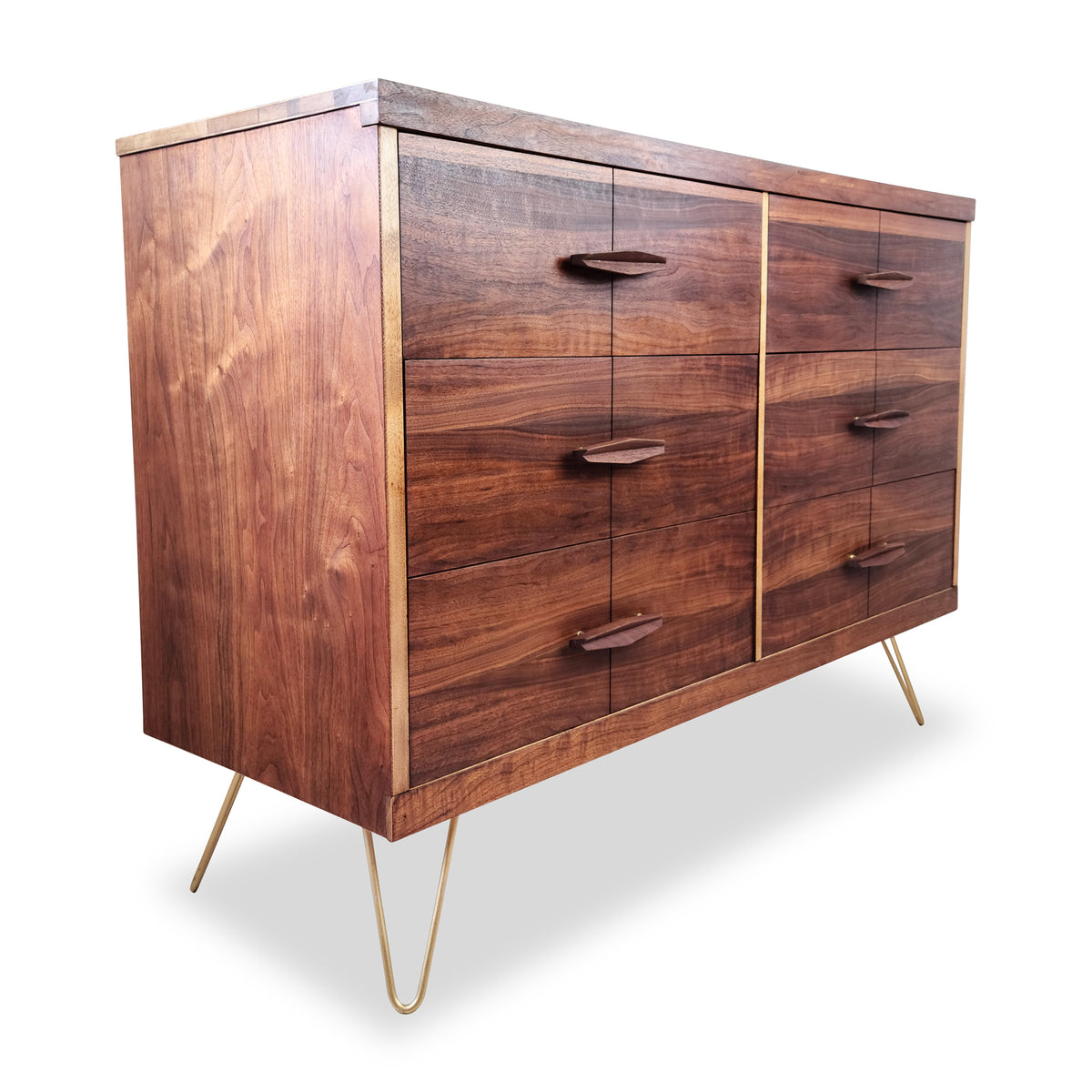 Walnut and Brass Six Drawer Dresser