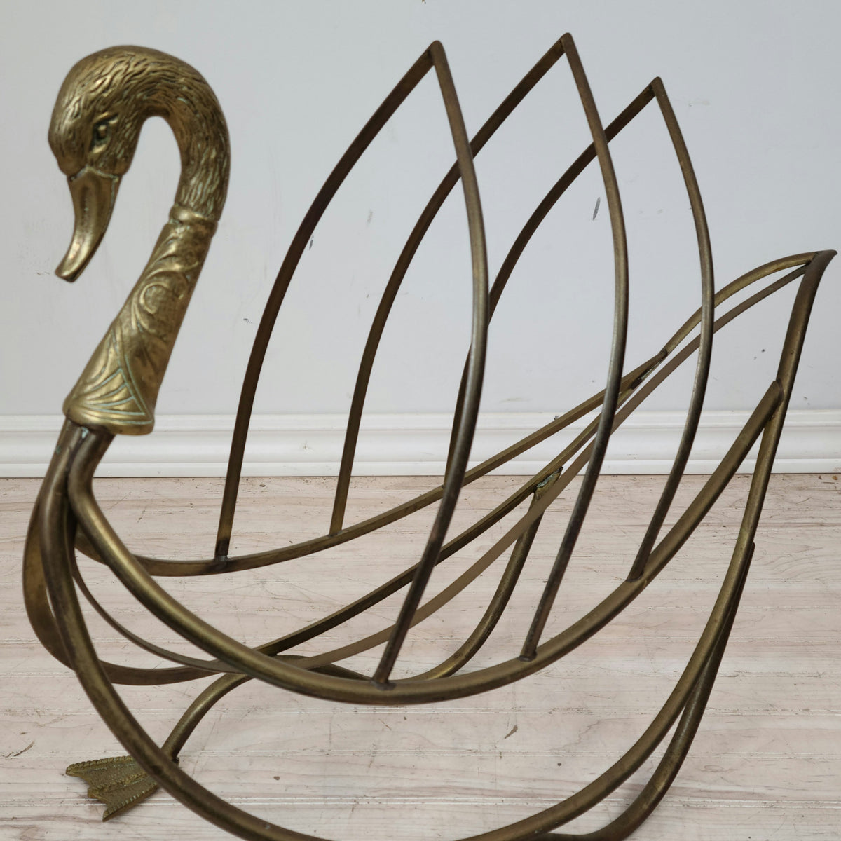 Vintage Brass Swan Magazine Record Rack