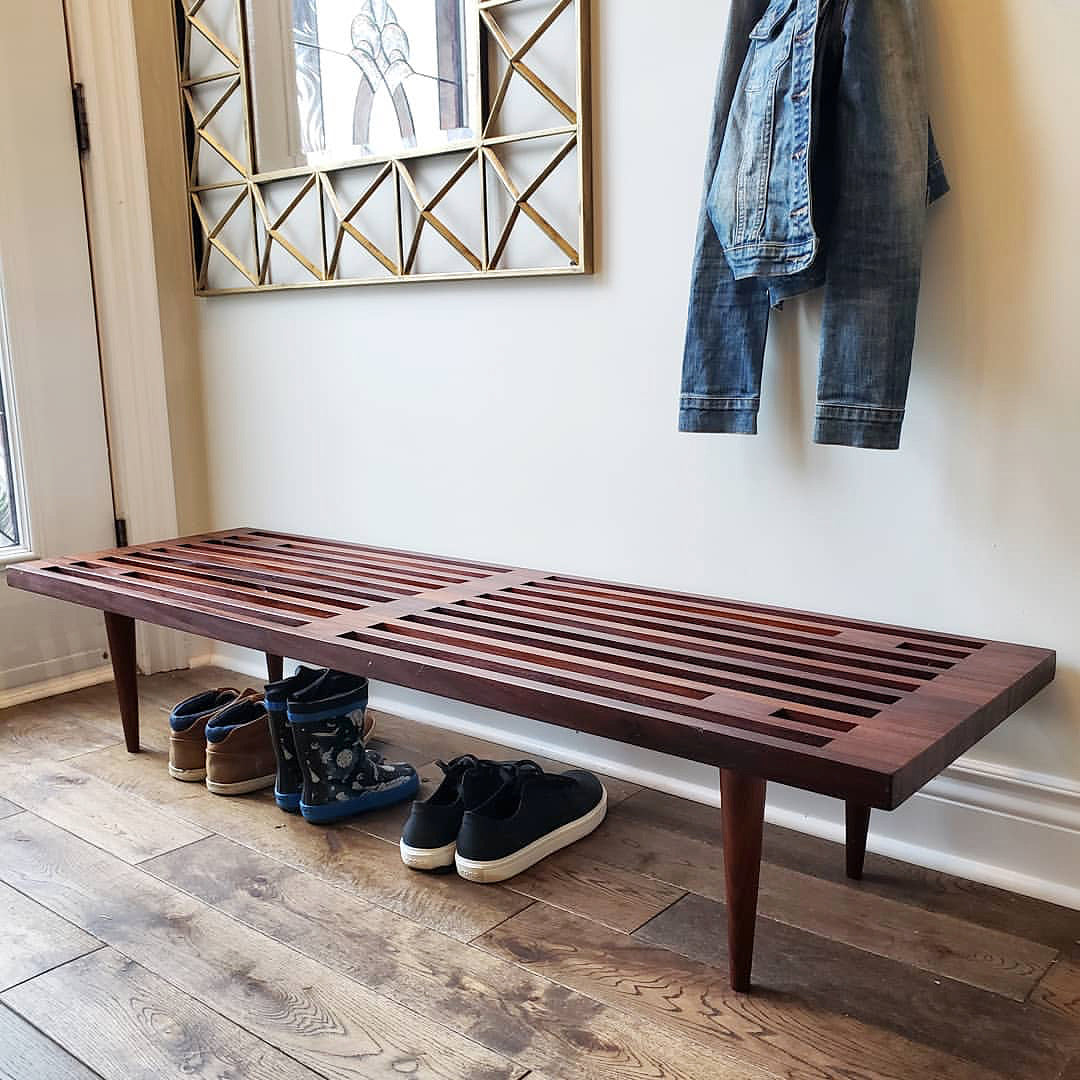 mid century modern walnut slatted bench