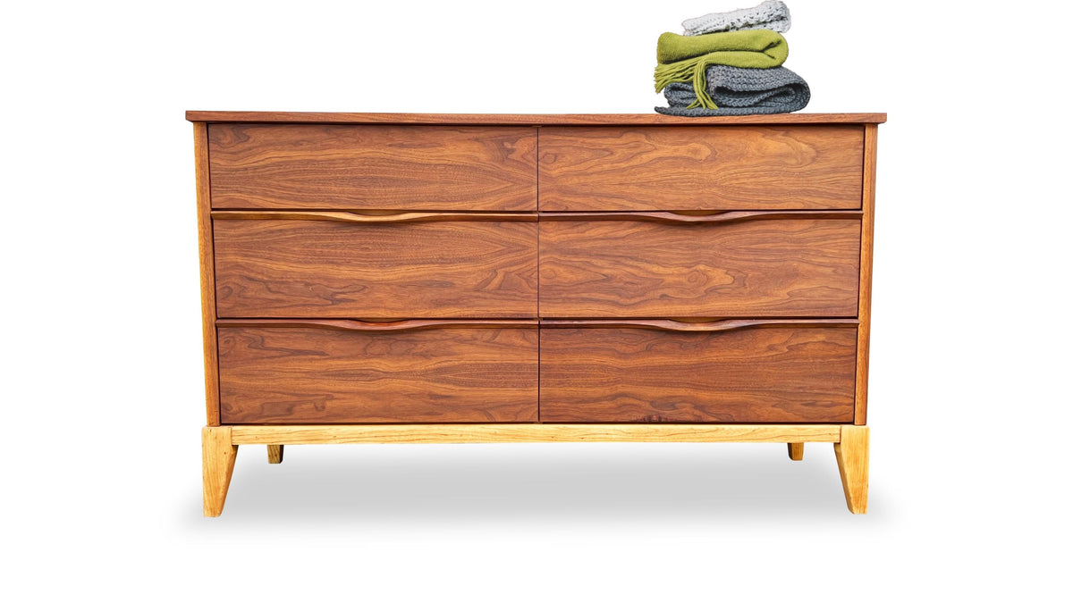 Walnut and Birch Six Drawer Dresser by Kaufman