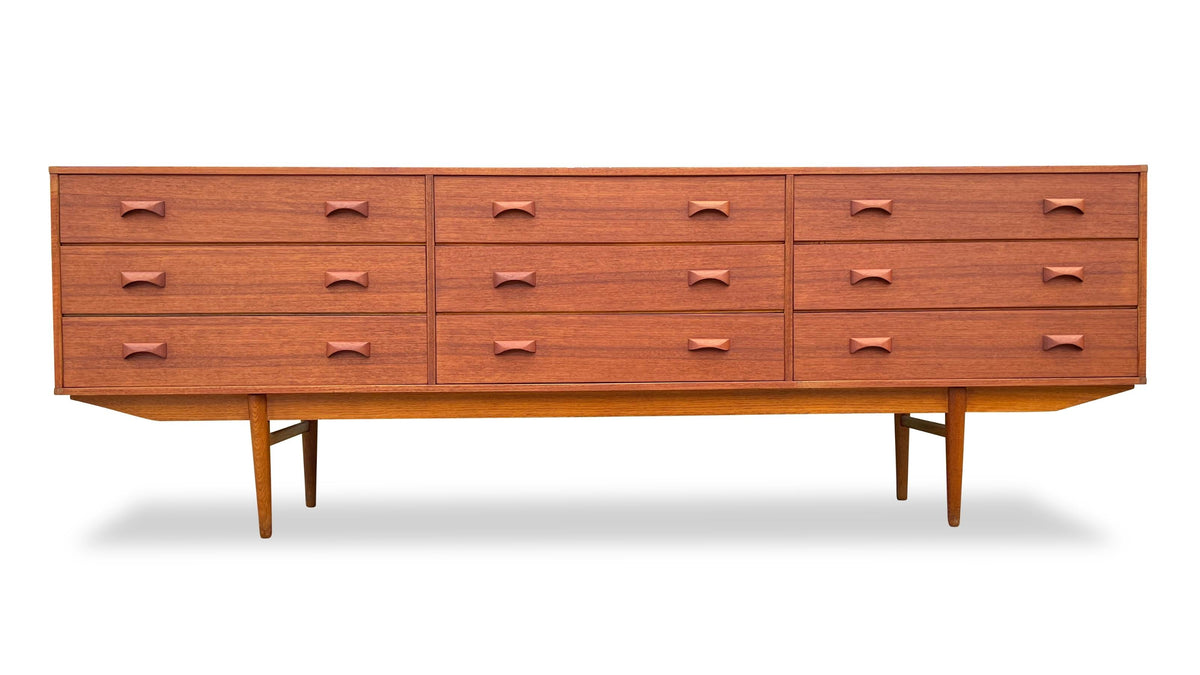 Mid Century Teak Nine Drawer Dresser by Frestho