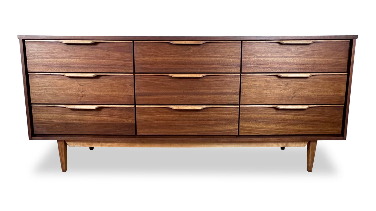Walnut and Birch Nine Drawer Dresser