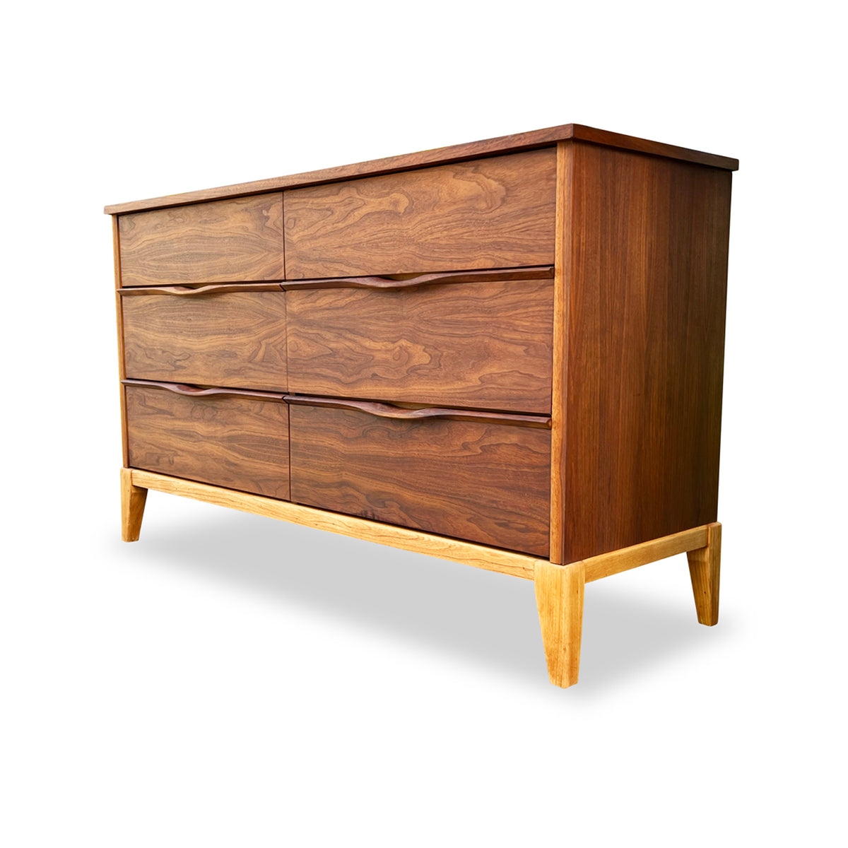 Walnut and Birch Six Drawer Dresser by Kaufman