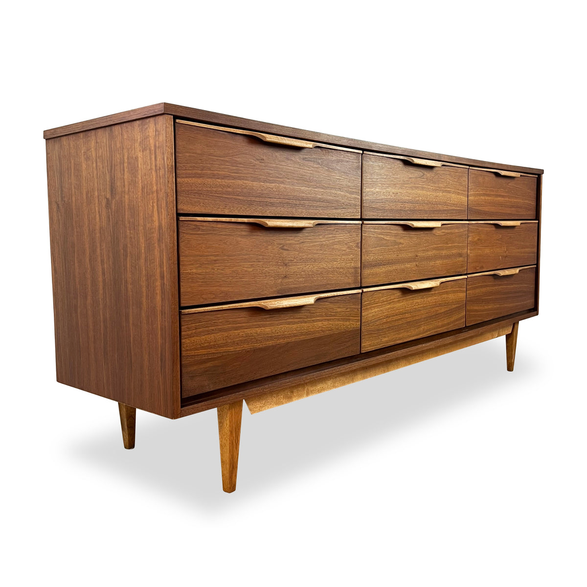 Walnut and Birch Nine Drawer Dresser