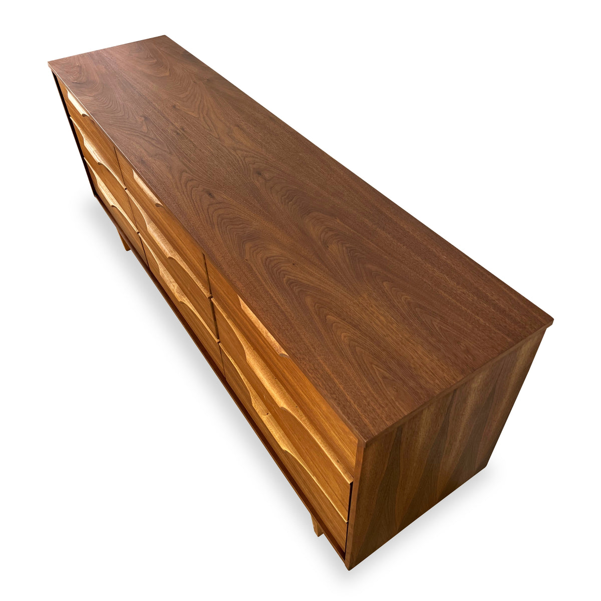 Walnut and Birch Nine Drawer Dresser