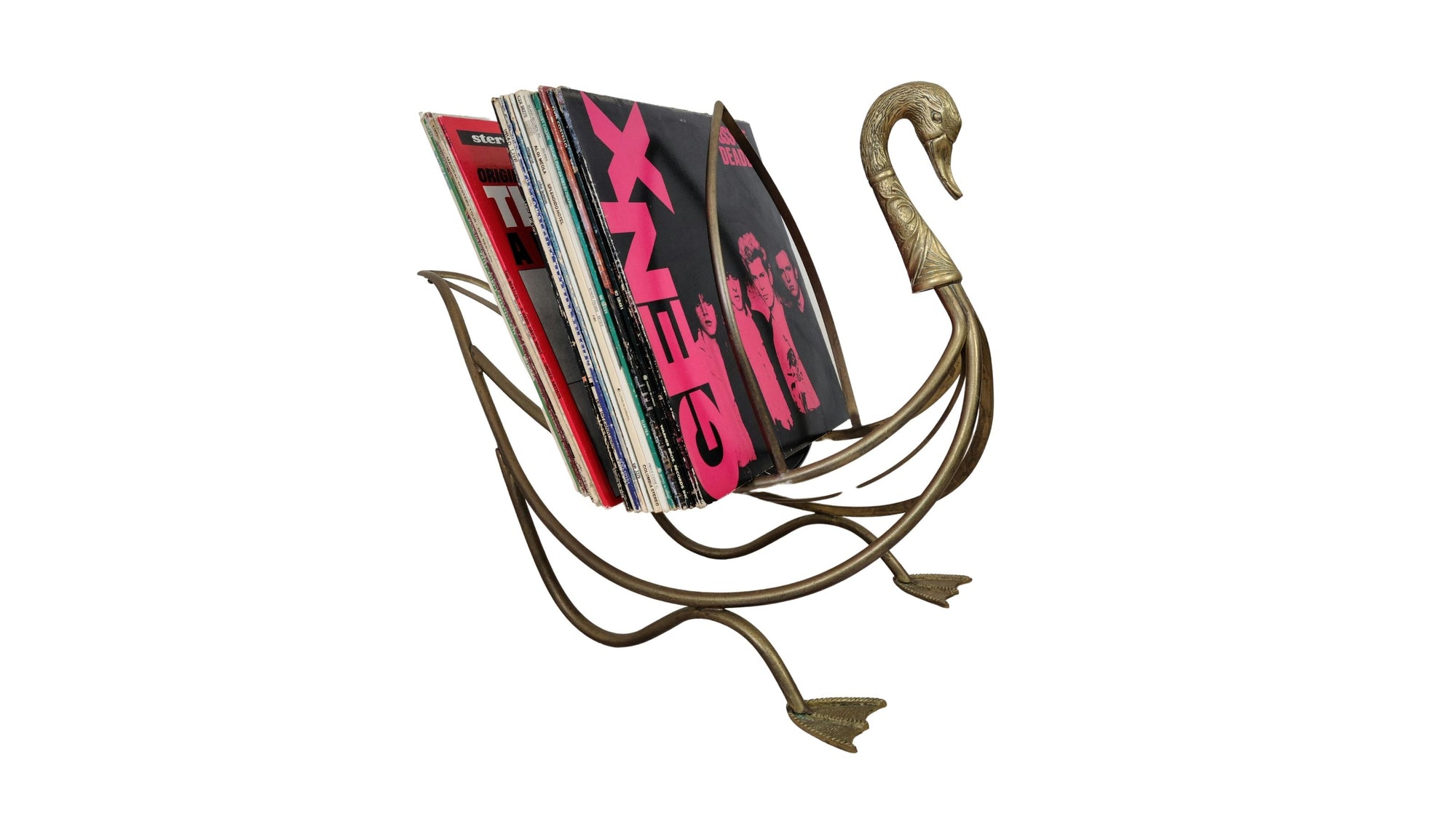 Vintage Brass Swan Magazine Record Rack 