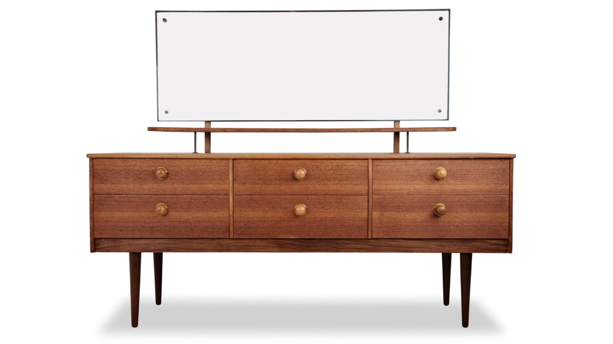 Teak Six Drawer Dresser with Mirror