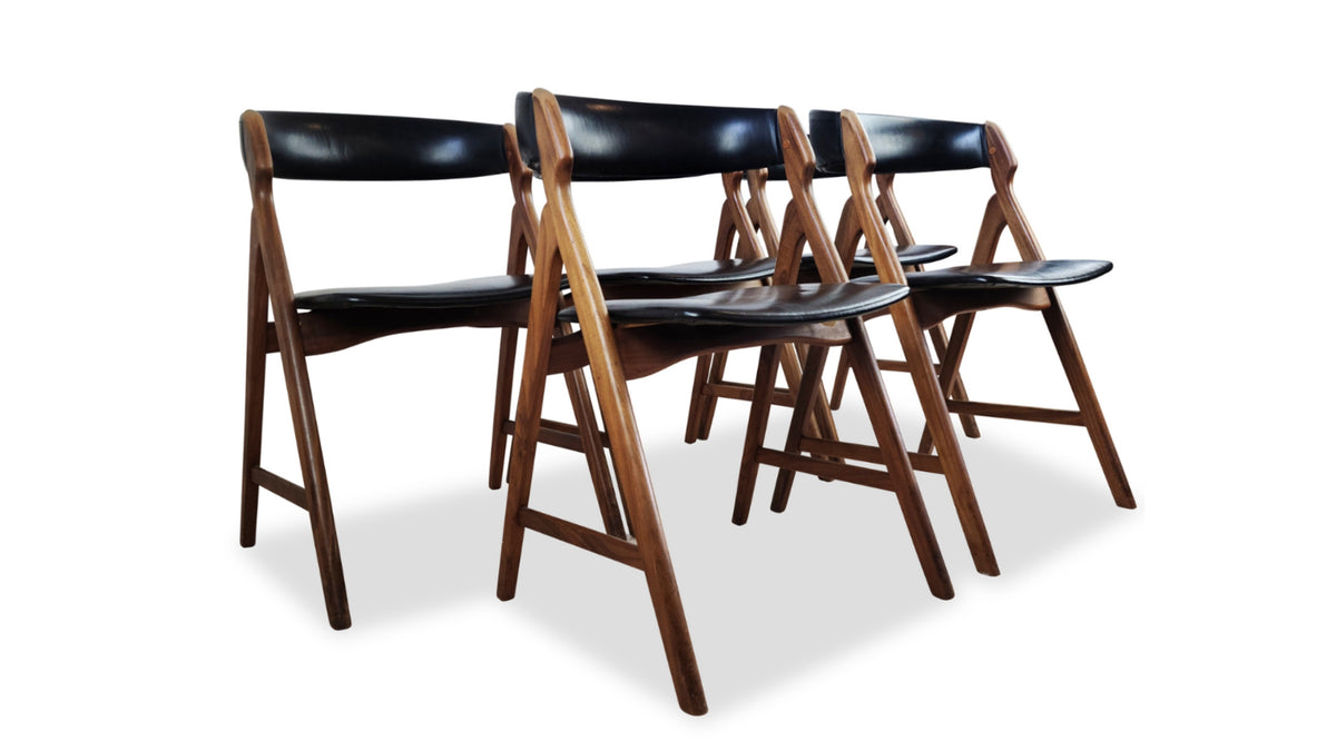Mid Century Teak Dining Chairs with Black Leather