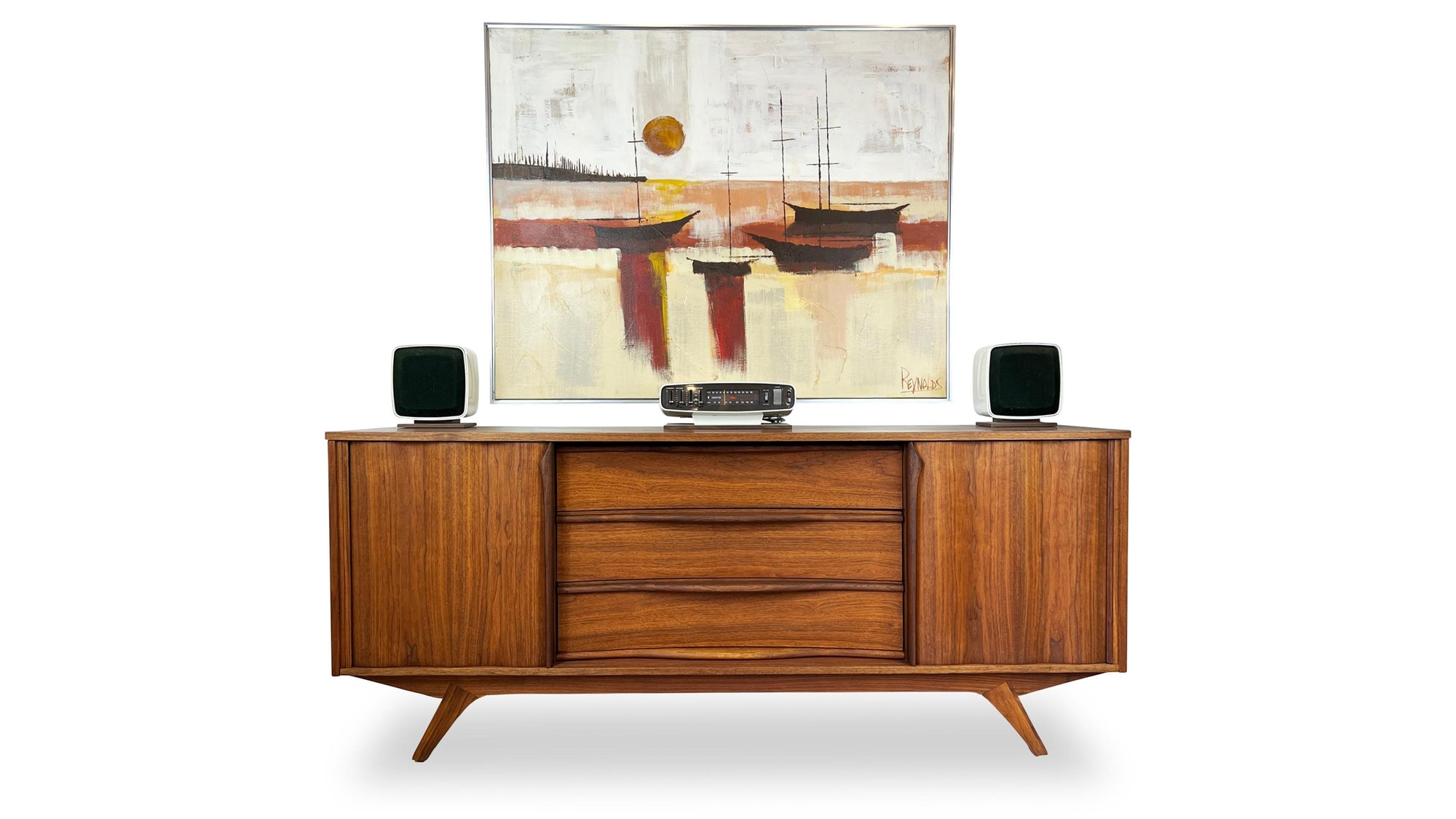 Vintage modern mid century Walnut Dresser with Sliding Doors