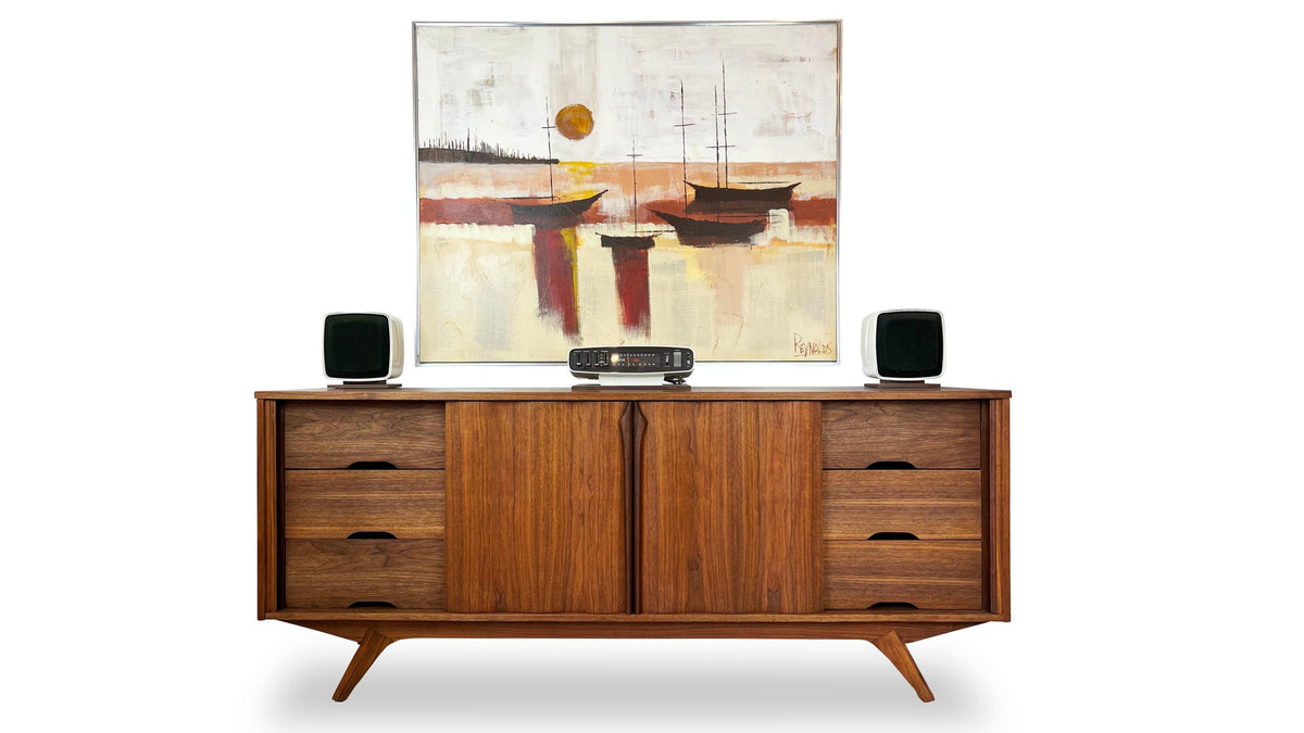 Vintage modern mid century Walnut Dresser with Sliding Doors