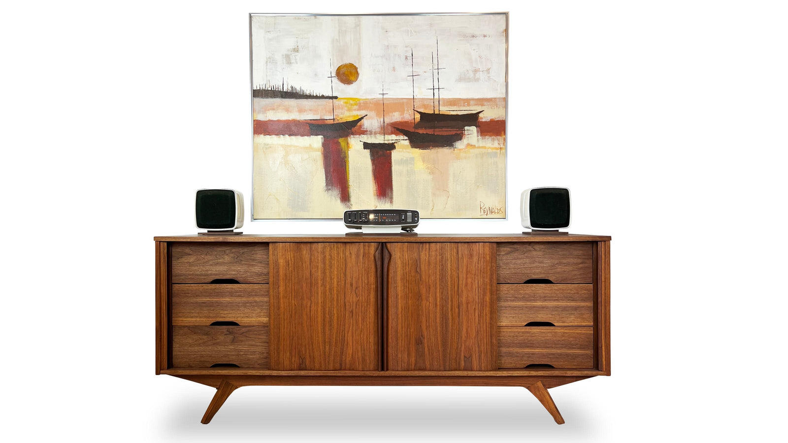 Vintage modern mid century Walnut Dresser with Sliding Doors