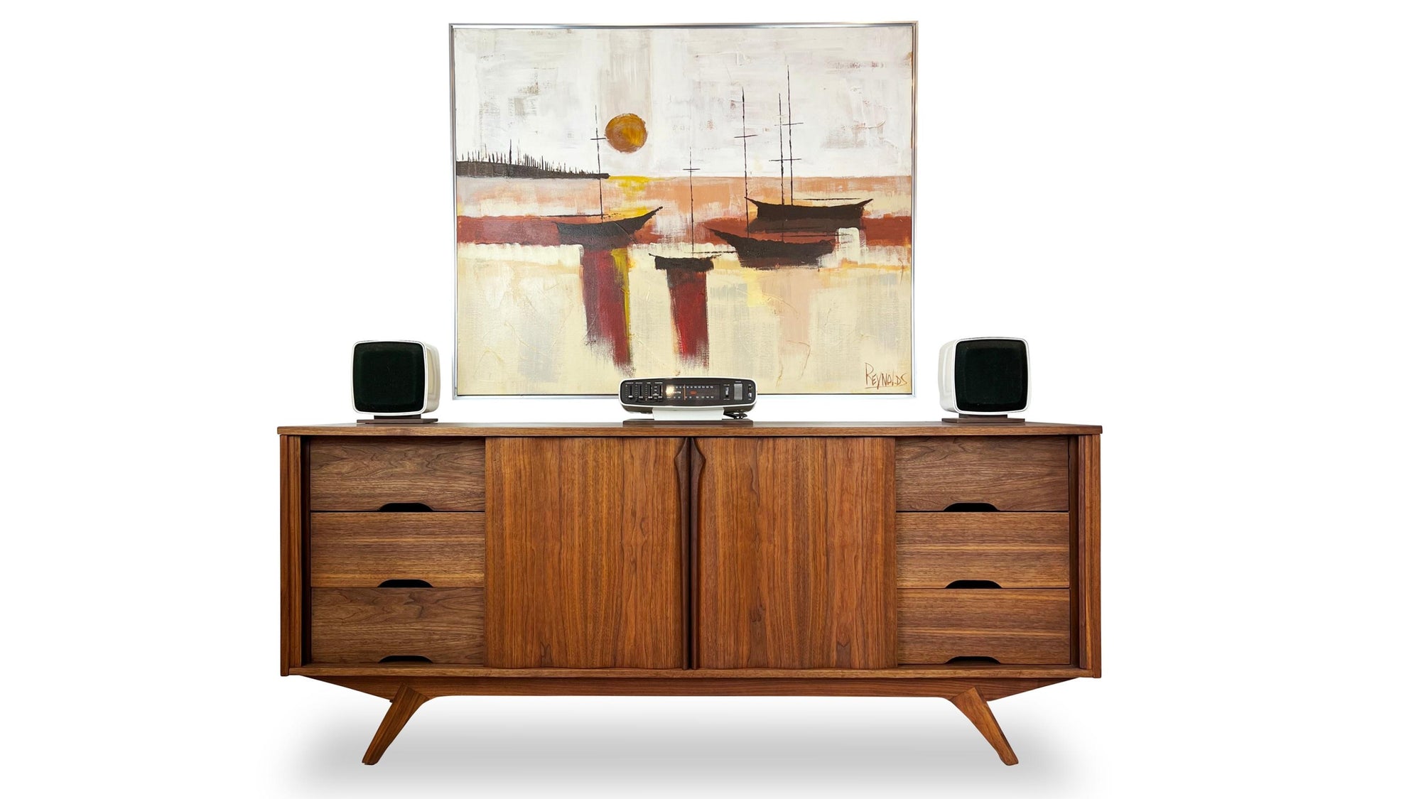 Vintage modern mid century Walnut Dresser with Sliding Doors